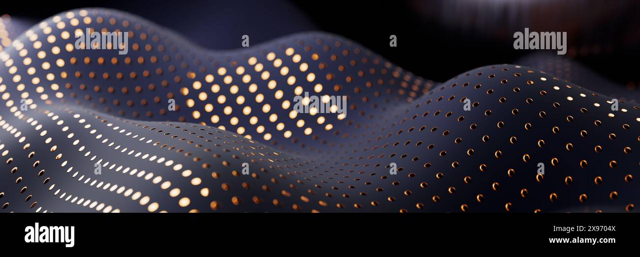 Abstract waves with glowing dots on a dark background.3d rendering Stock Photo