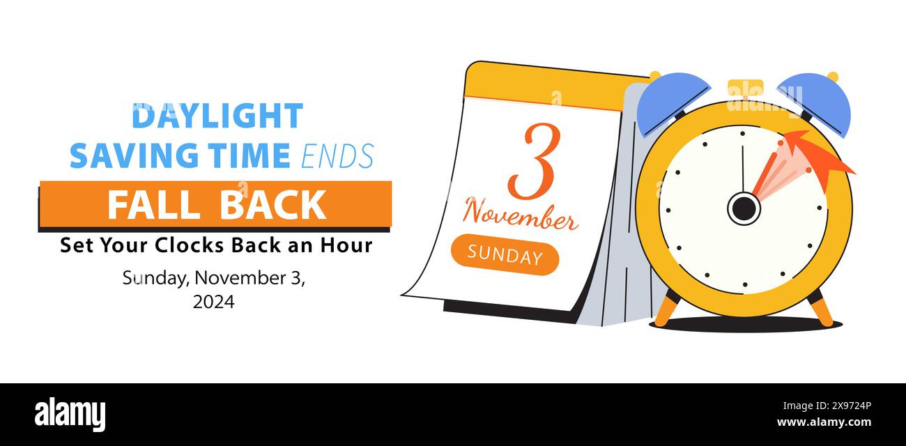 Daylight saving time ends, 2024. Fall Back banner with alarm clock and calendar date of November 3 with text reminder - Set Your Clocks Back One Hour. Stock Vector