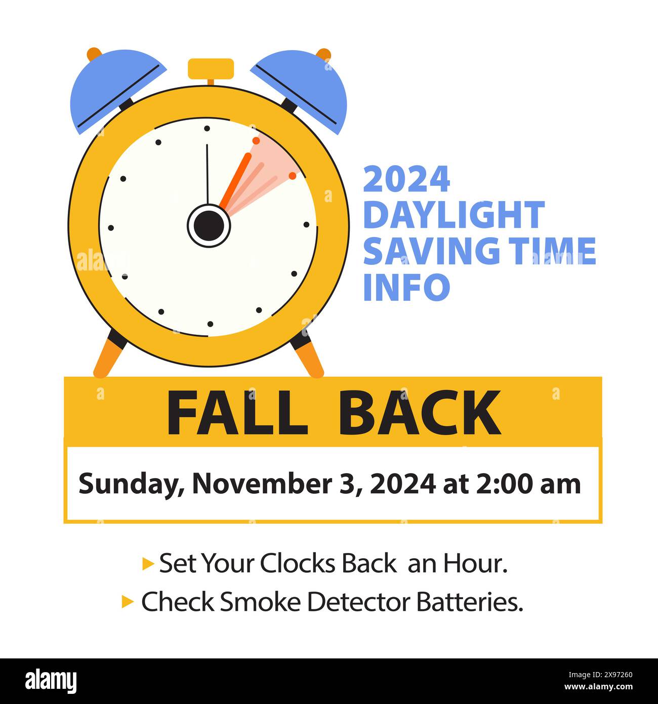 Daylight Saving Time Ends info schedule. Fall back Time in November 3, 2024 Web Banner with reminder text - Set Clocks back and Check Smoke Detector B Stock Vector