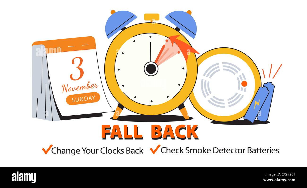 Daylight Saving Time Ends. Fall Back Time Banner. Clock with calendar date of changing time in November 3, 2024 with reminder text - Change Your Clock Stock Vector