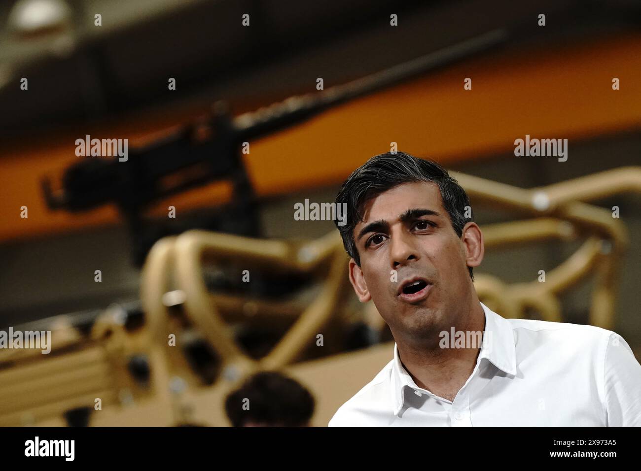Prime Minister Rishi Sunak speaks at a Q&A during his visit to defence vehicle manufacturer Supacat in Exeter, Devon while on the General Election campaign trail. Picture date: Wednesday May 29, 2024. Stock Photo