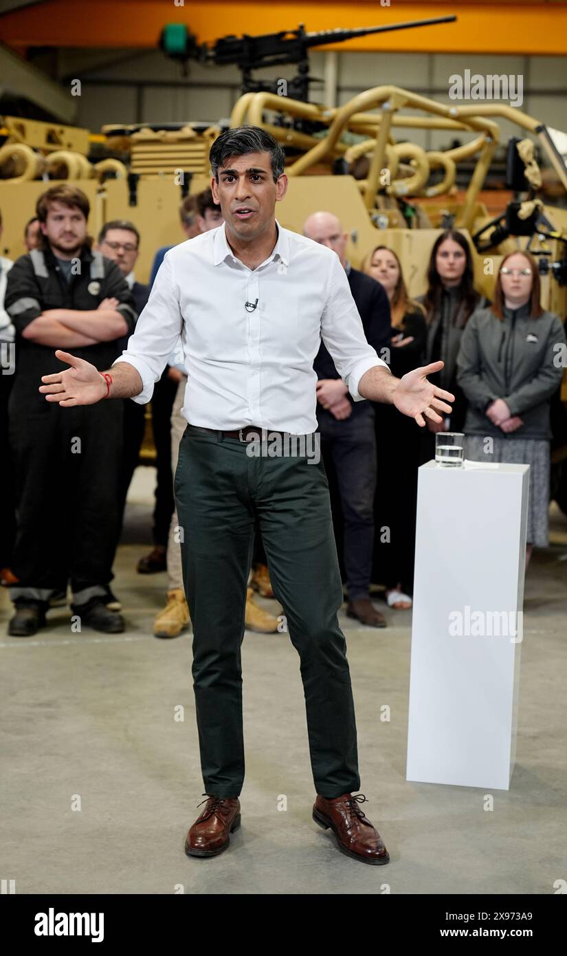 Prime Minister Rishi Sunak speaks at a Q&A during his visit to defence vehicle manufacturer Supacat in Exeter, Devon while on the General Election campaign trail. Picture date: Wednesday May 29, 2024. Stock Photo