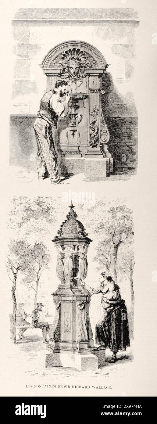'LES FONTAINES DE SIR RICHARD WALLACE.' - Extract from 'L'Illustration Journal Universel' - French illustrated magazine | An illustration from the late 19th century showcasing the Wallace fountains in Paris. The image features people using the public fountains for drinking water, depicted in fine detail that highlights the ornate design of the fountains and the everyday life of the period. The illustration is rendered in a style that captures the elegance and functionality of these iconic fountains.  1872 Stock Photo