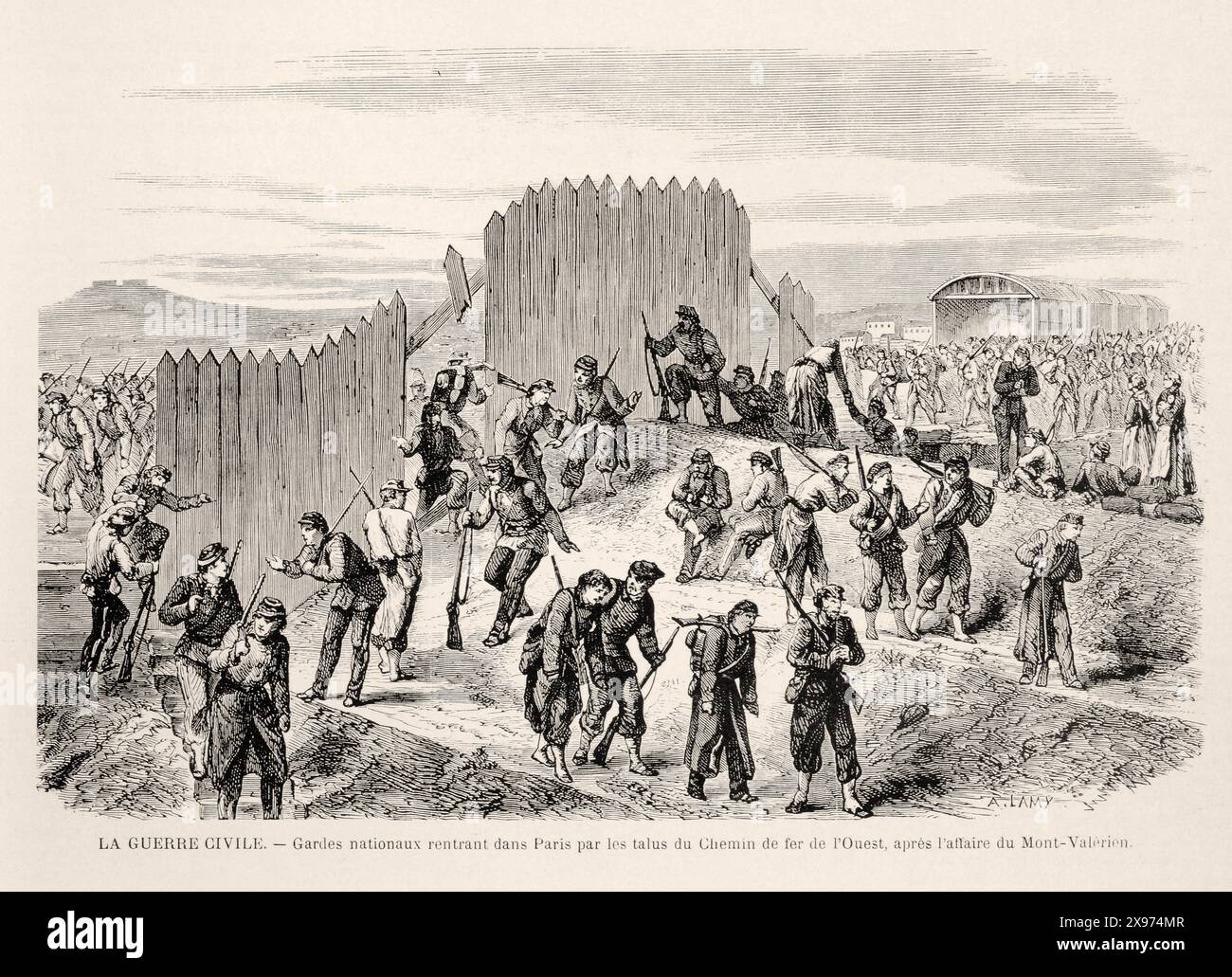 'LA GUERRE CIVILE. – Gardes nationaux rentrant dans Paris par les talus du Chemin de fer de l'Ouest, après l'affaire du Mont-Valérien.' ['CIVIL WAR. – National Guards returning to Paris by the slopes of the Western Railway, after the Mont-Valérien affair.'] - Extract from 'L'Illustration Journal Universel' - French illustrated magazine. The image shows armed men, some wounded, moving along a fortified area, with a sense of fatigue and weariness. The illustration style is hatched and detailed, typical of period engravings. Stock Photo