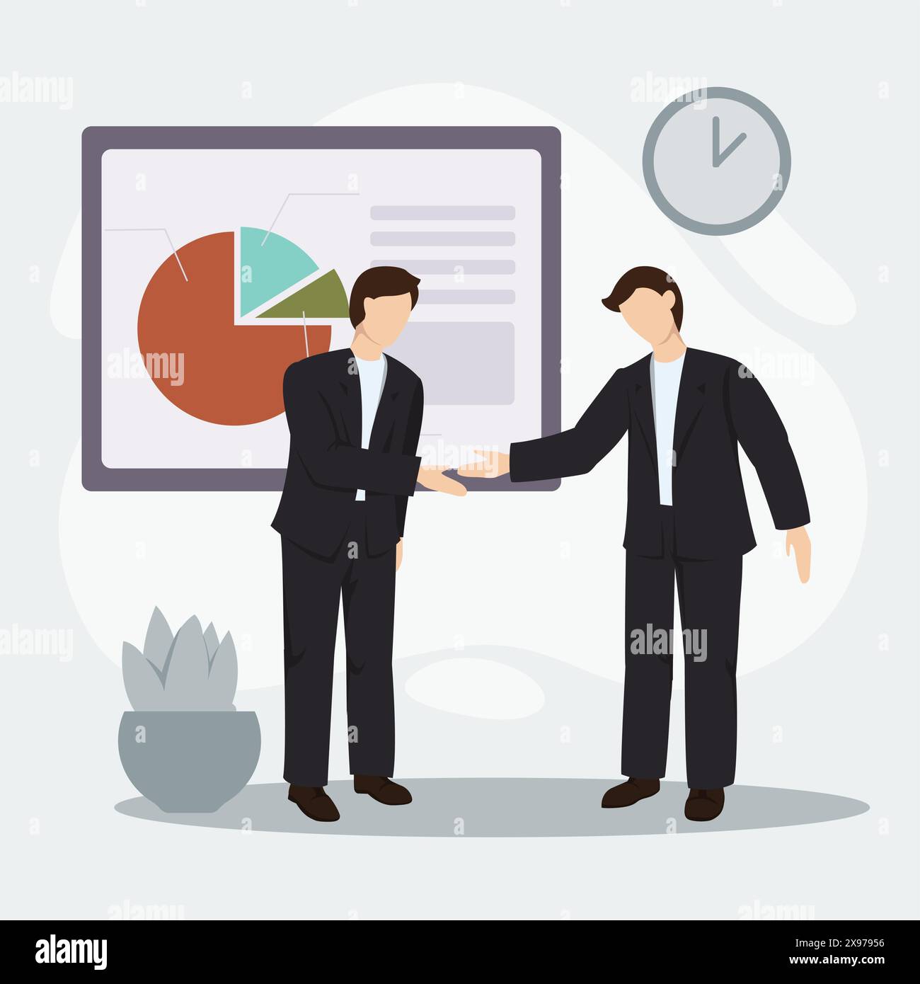 Two young businessmen make a deal in front of income charts. Vector ...