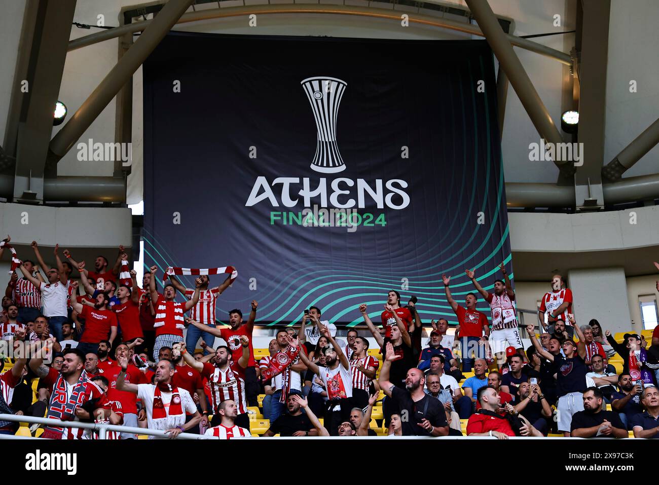 Athens, Greece. 29th May, 2024. Olympiacos fans cheer on during the 2023/2024 Conference League Final football match between Olympiacos FC and ACF Fiorentina at AEK Arena stadium in Athens (Greece), May 29th, 2024. Credit: Insidefoto di andrea staccioli/Alamy Live News Stock Photo