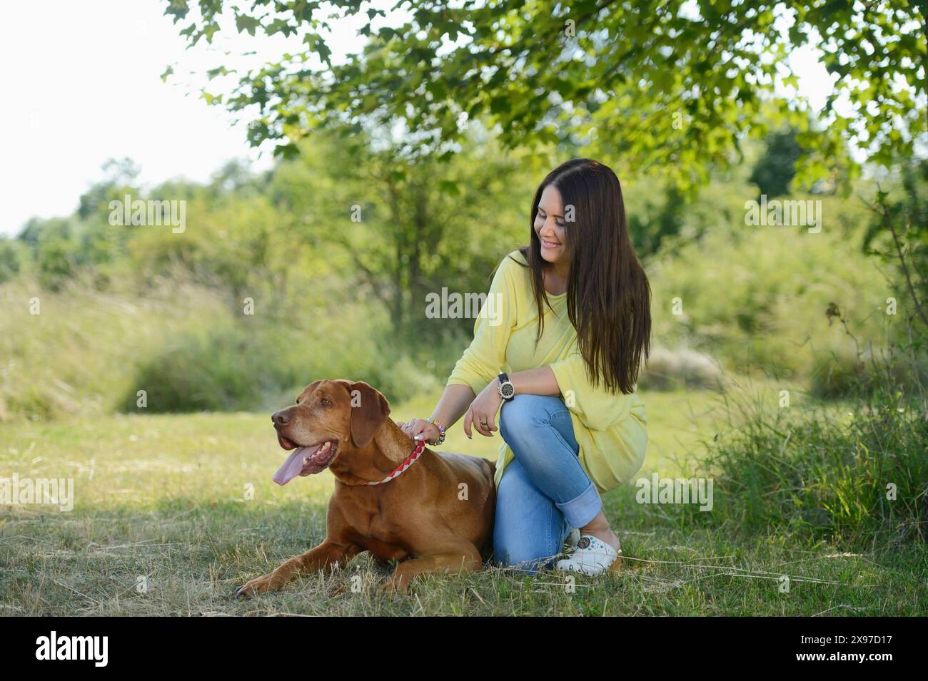 Close-up of a middle aged Woman with a Hungarian or Magyar Vizsla (Vizsla) on a meadow in spring, Bavaria, Germany Stock Photo