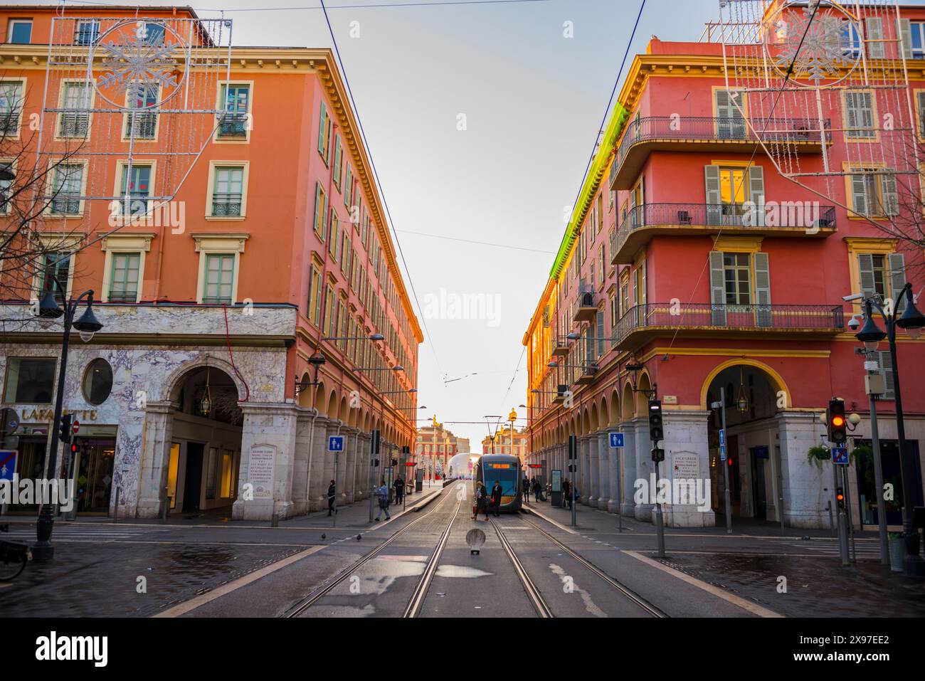 Tram in City Place Massena in Nice, Cote d'azur, France Stock Photo