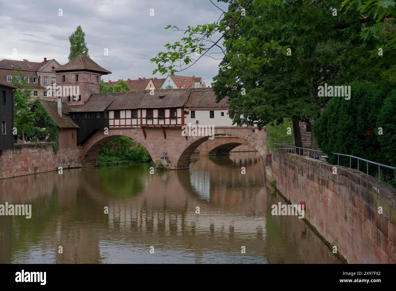 View of the hangman's bridge, executioner, hangman, Middle Ages, Nuremberg, half-timbered, stone, Pegnitz, river, Old Town, Upper Bavaria, Bavaria Stock Photo