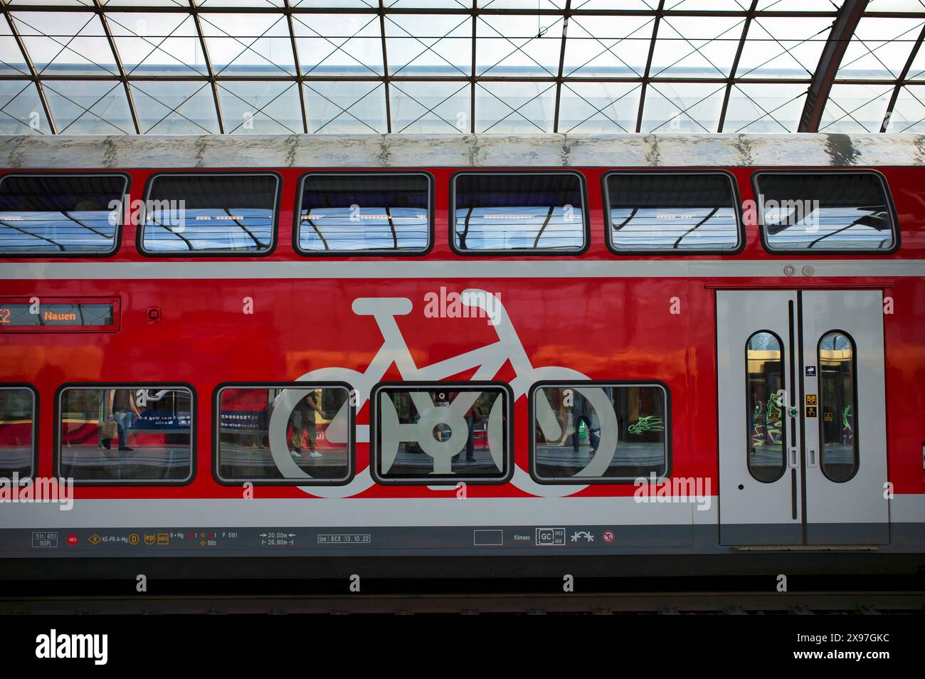 Double-decker coach, double-deck coach, Regional Express RE with bicycle pictogram, stop, platform, Spandau station, Berlin, Germany Stock Photo