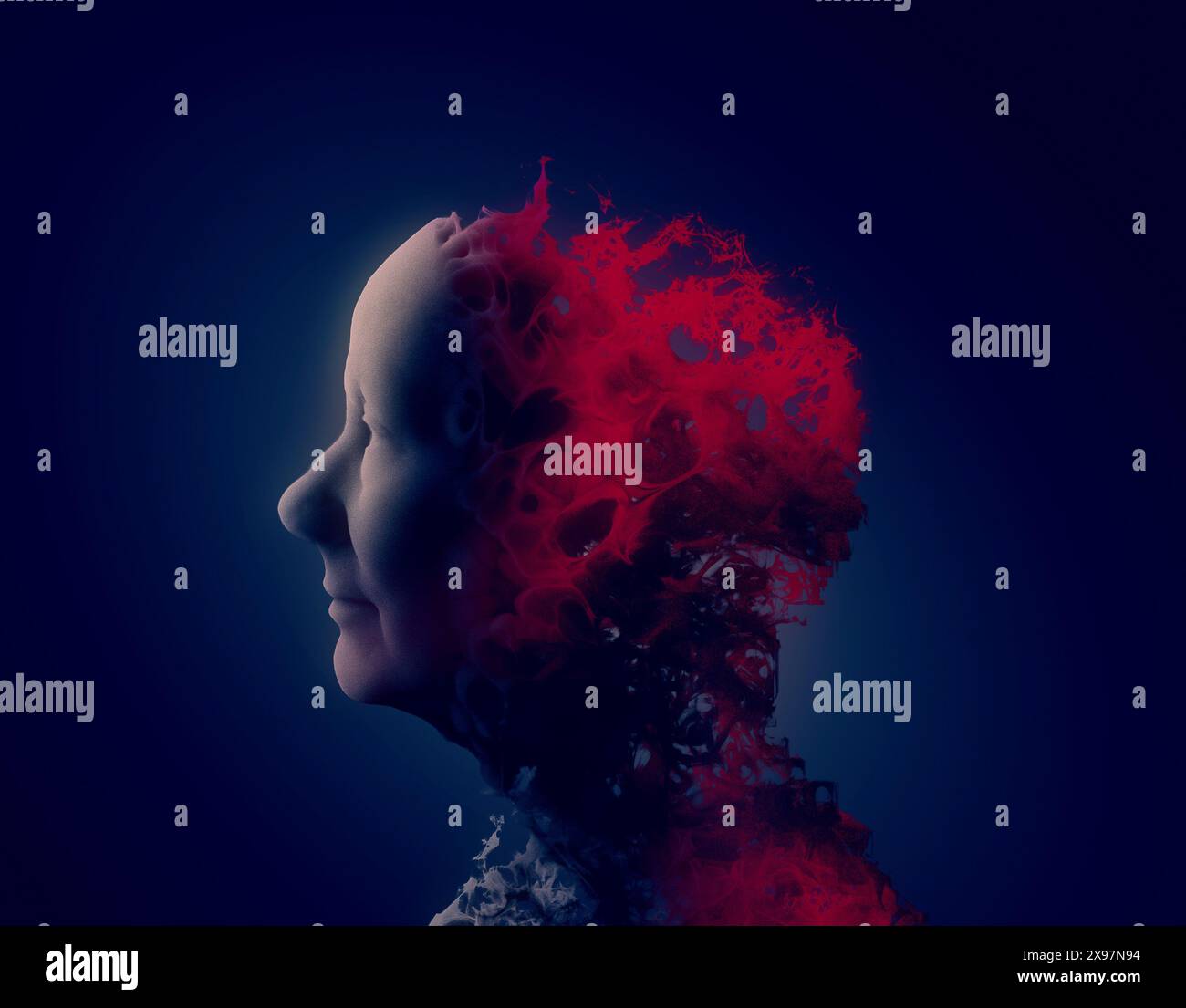 Face seen from the side. Old woman. Degenerative disease. Brain degenerative diseases, Parkinson, synapses, neurons, Alzheimer's, illness, concept Stock Photo