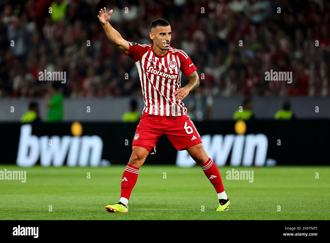 Athens, Greece. 29th May, 2024. Francisco Leonel Lima Silva Machado Chiquinho of Olympiacos FC gestures during the 2023/2024 Conference League Final football match between Olympiacos FC and ACF Fiorentina at AEK Arena stadium in Athens (Greece), May 29th, 2024. Credit: Insidefoto di andrea staccioli/Alamy Live News Stock Photo