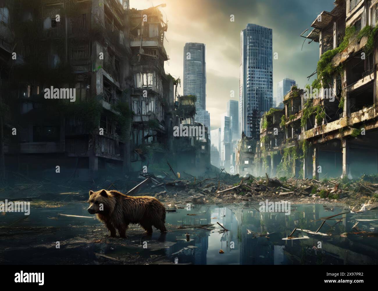 Illustration of an apocalyptic urban landscape showing a partially ...