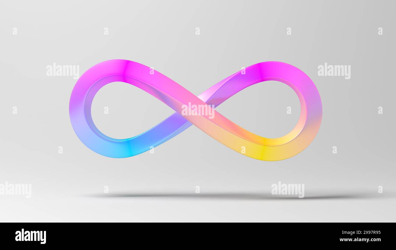 Rainbow infinity symbol. Gray background. Iridescent. 3d illustration. Stock Photo
