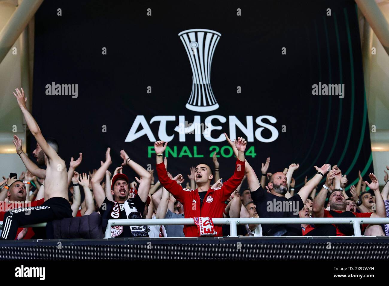 Athens, Greece. 29th May, 2024. Olympiacos fans cheer on during the 2023/2024 Conference League Final football match between Olympiacos FC and ACF Fiorentina at AEK Arena stadium in Athens (Greece), May 29th, 2024. Credit: Insidefoto di andrea staccioli/Alamy Live News Stock Photo