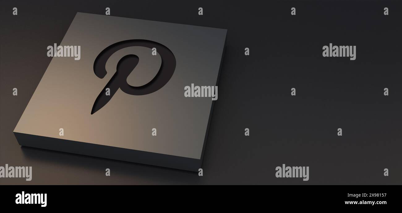 Auckland, New Zealand - April 29, 2021: Pinterest logotypes engraved on metal plate. 3d Illustration Luxurious background of social media icon. Stock Photo