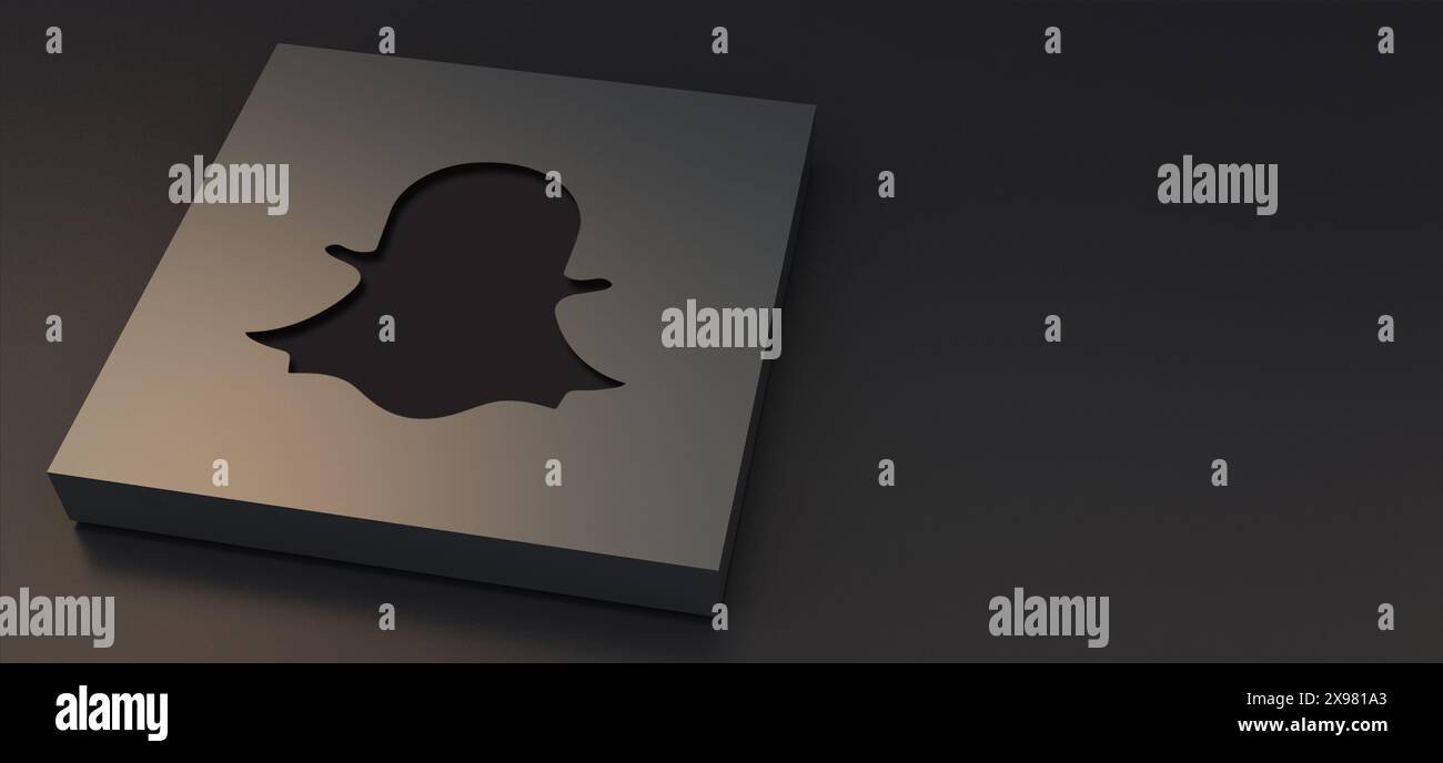 Auckland, New Zealand - April 29, 2021: Snapchat logotypes engraved on metal plate. 3d Illustration Luxurious background of social media icon. Stock Photo