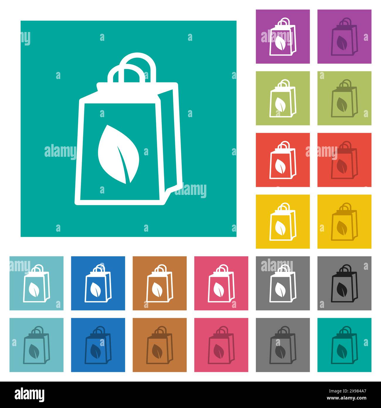 Eco bag multi colored flat icons on plain square backgrounds. Included white and darker icon variations for hover or active effects. Stock Vector