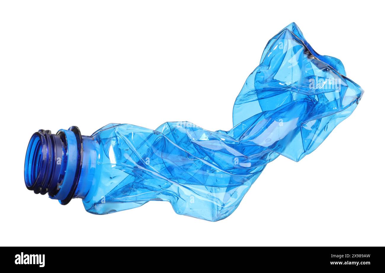 Crumpled disposable plastic bottle isolated on white Stock Photo - Alamy