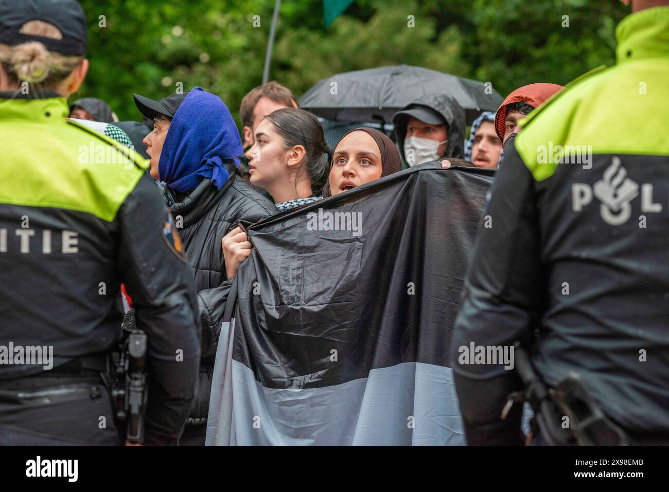 Pro-Palestinian female supporter holding Palestinian flag, during today's 'Hands of Rafah' demonstration in The Hague. A few hundred pro-Palestinian protesters stood opposite the 'Tweede Karmer' or, the 'Second Chamber' the Dutch seat of government in The Hague, during todayís 'Hands off Rafah - Where is your red line Rutte?'. The demonstrators stood in pouring rain, some with megaphones, and demanding the Dutch government change its stance in its support of Israel. The demonstration was in response to Rafah on Sunday, in which 45 people were killed, according to the Humas-run health ministry, Stock Photo