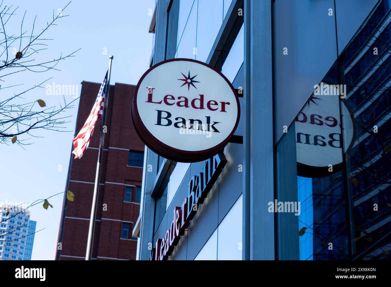 Boston, MA, USA - November 11, 2023: Leader Bank logo and sign on the building at one of the branches in Boston, MA, USA. Stock Photo