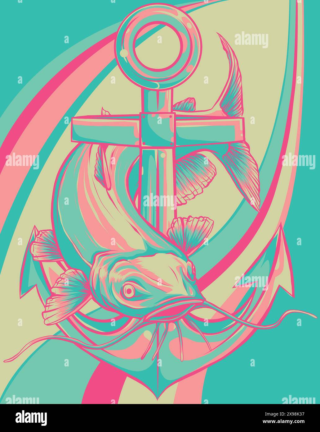 Cartoon funny catfish with anchor on white background Stock Vector