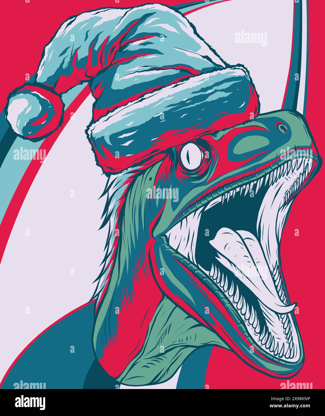 vector illustration of velociraptor head with christmas hat Stock Vector