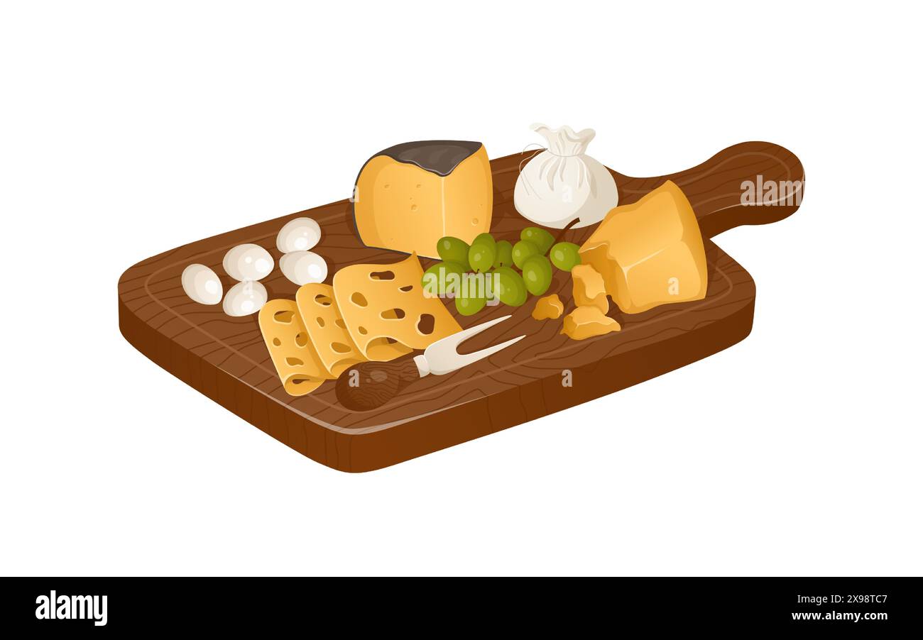 Colorful illustration of cheeses plate. Different types of cheeses and ...