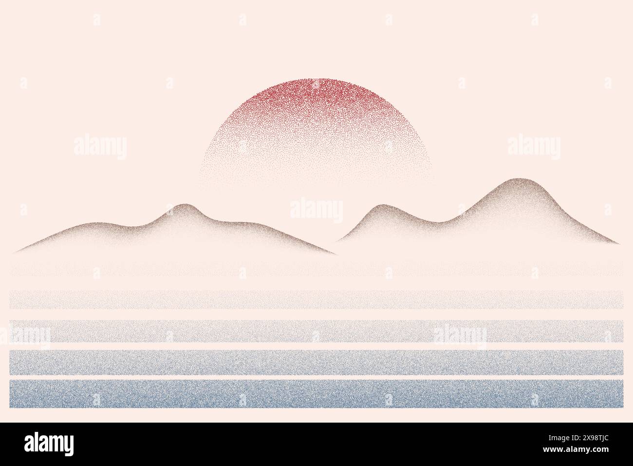 Stipple gradient landscape with mountains sun and sea. Vector illustration with spray effect. Abstract dotted halftone texture. Dusty eclipse. Grunge Stock Vector