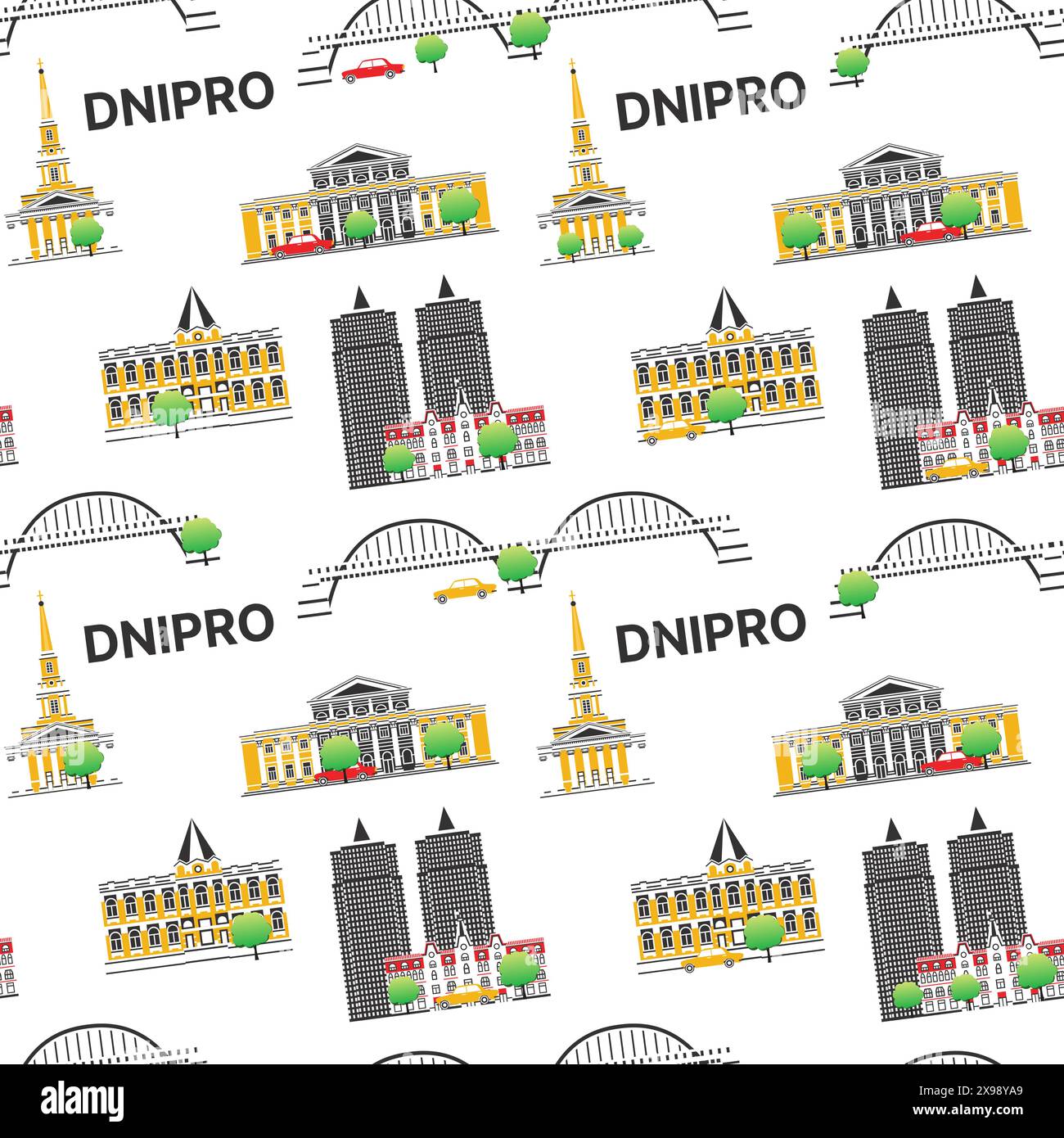Seamless pattern with landmarks of Dnipro. Vector illustration. Buildings of Dnepropetrovsk. Stock Vector