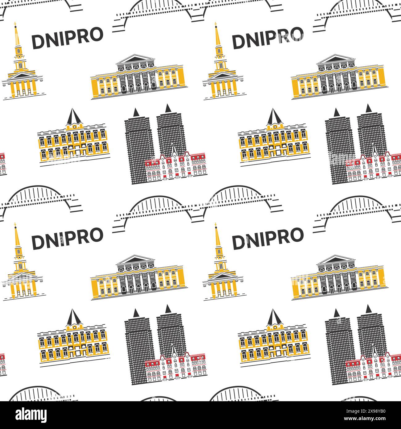Seamless pattern with landmarks of Dnipro. Vector illustration. Buildings of Dnepropetrovsk. Stock Vector