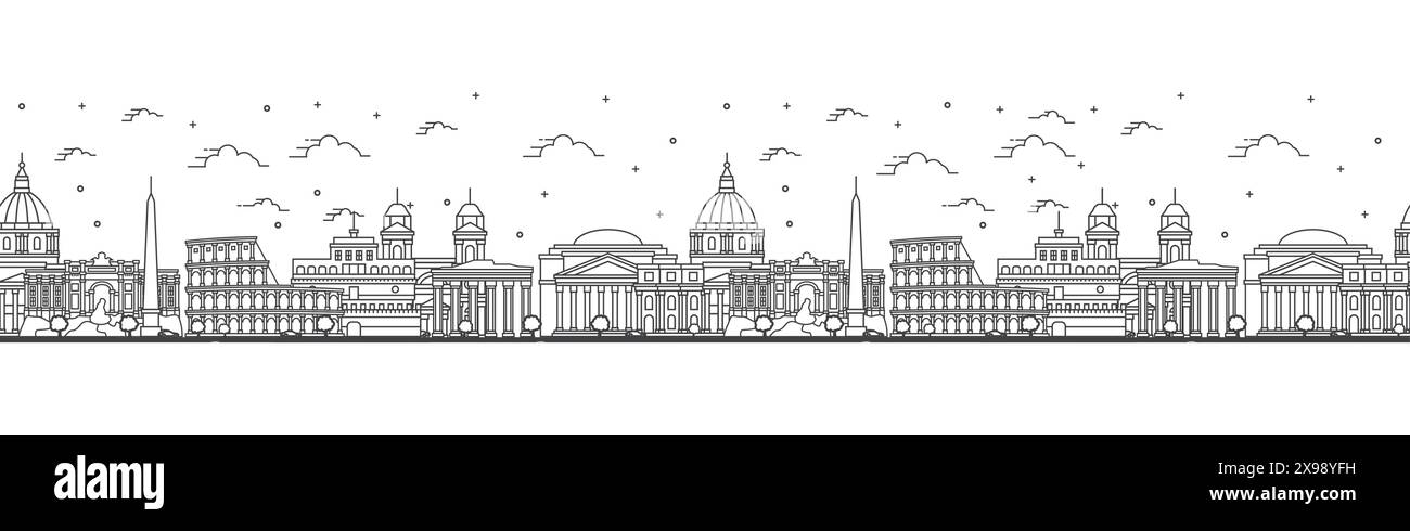 Seamless pattern with outline Rome Italy City Skyline. Historic Buildings Isolated on White. Vector Illustration. Rome Cityscape with Landmarks. Stock Vector