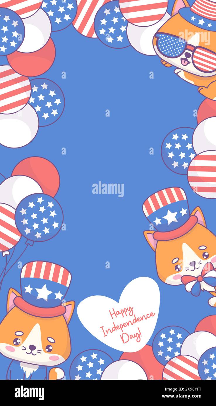 Happy Independence Day poster. Cute patriotic cats character in clothes and accessories with balloons in colors of American flag on blue background. H Stock Vector