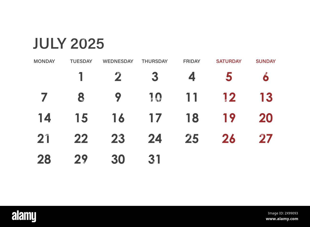 Calendar for July 2025. The week starts on Monday Stock Vector Image & Art Alamy