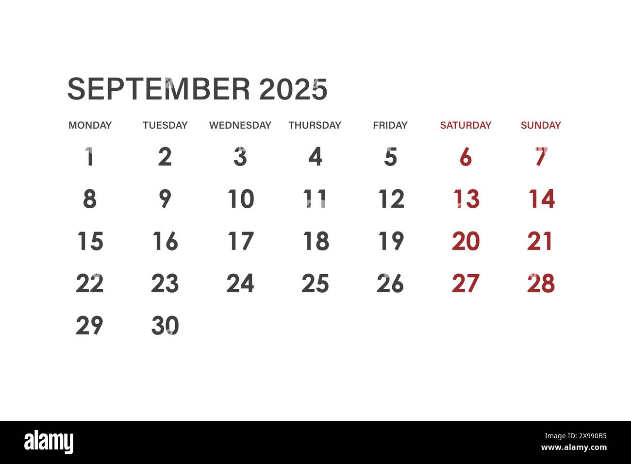 Calendar for September 2025. The week starts on Monday Stock Vector ...