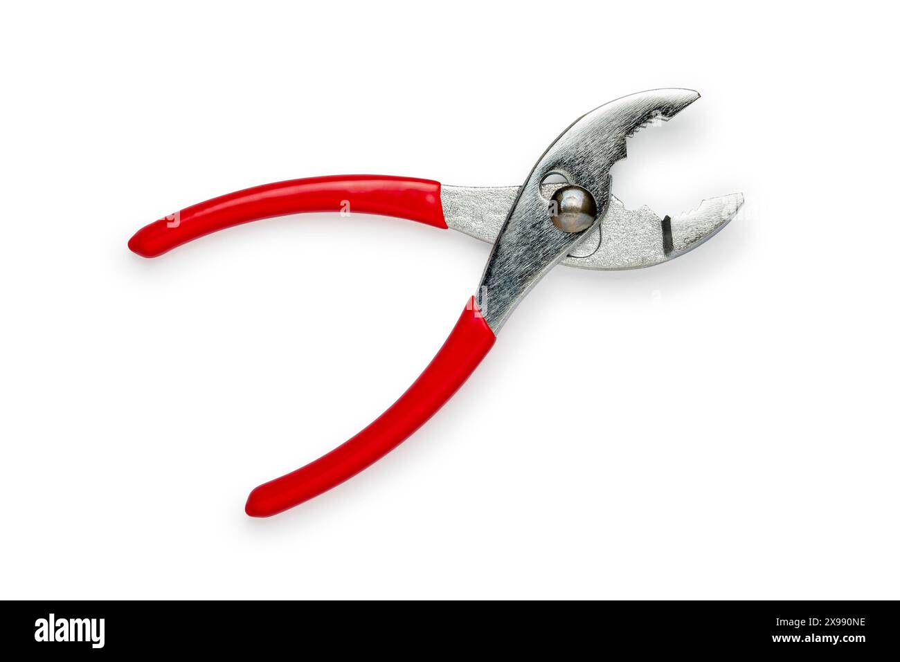 Open slip joint pliers with red handles, titanium, isolated on white background
