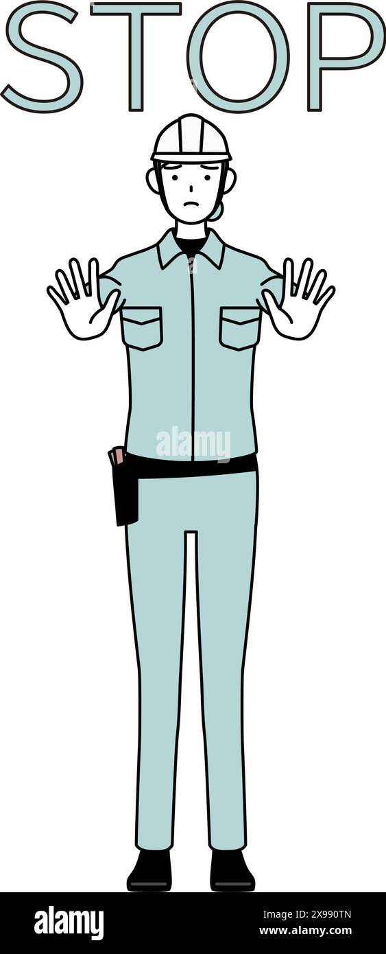 Female engineer in helmet and work wear with her hands out in front of her body, signaling a stop, Vector Illustration Stock Vector