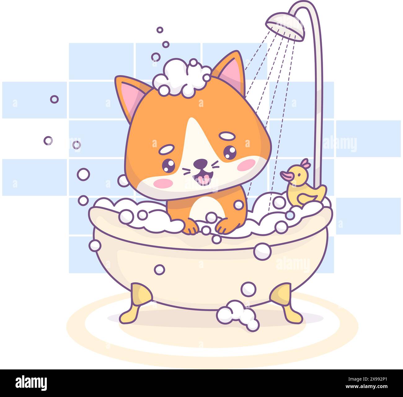 Funny red cat bathes in bath with foam in shower. Cute cartoon kawaii pet character. Vector illustration. Kids collection. Bathing, hygiene and beauty Stock Vector