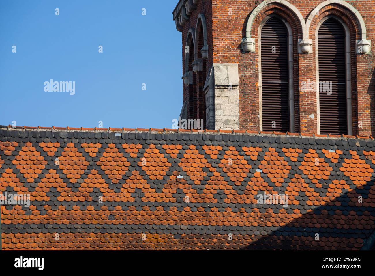Seamless roof texture of flat red shingles with embedded line patterns ...