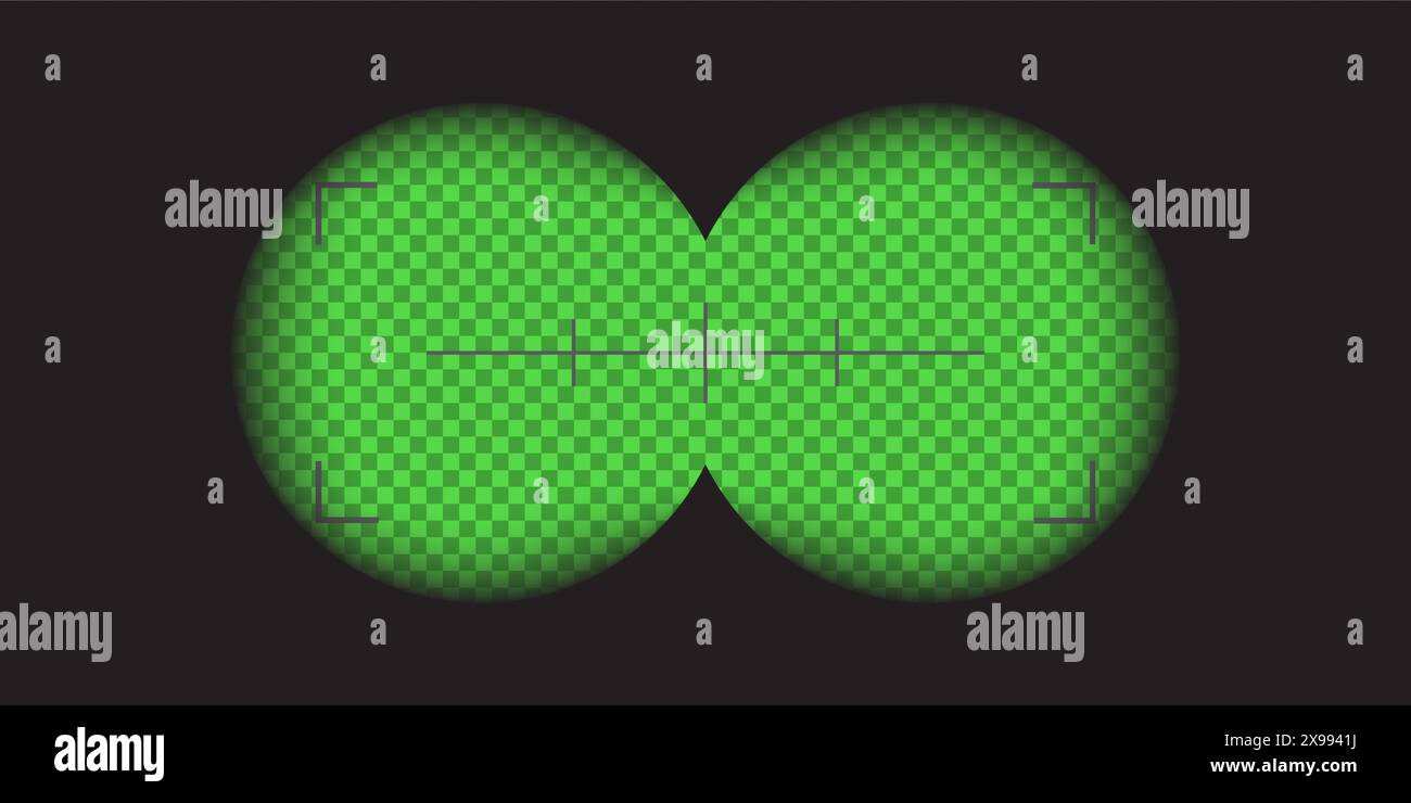 Video camera, binocular night vision green viewfinder overlay. Camera and binocular frame vector template. Black lines on transparent background.  Stock Vector
