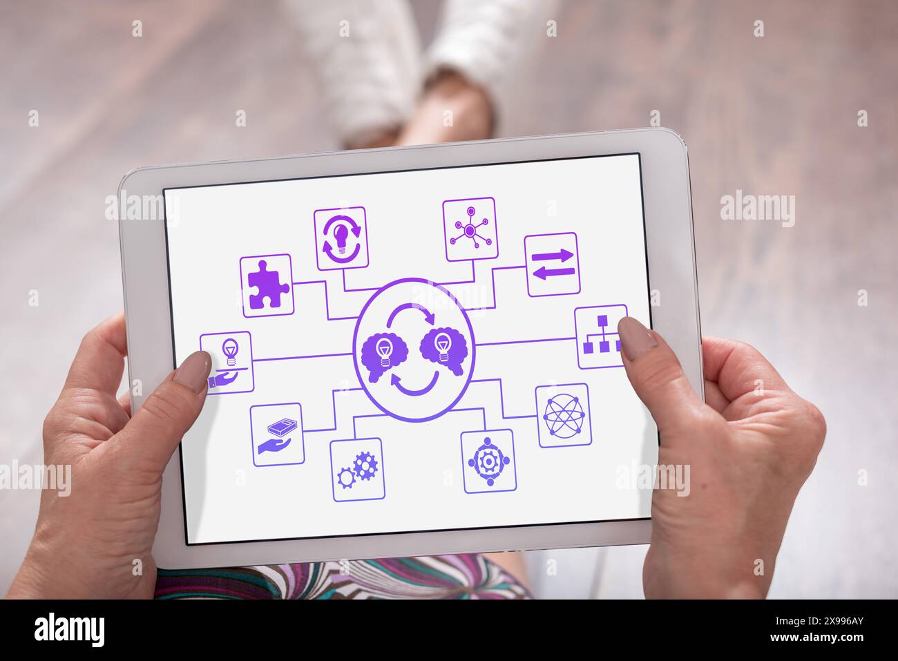 Knowledge sharing concept shown on a tablet held by a woman Stock Photo