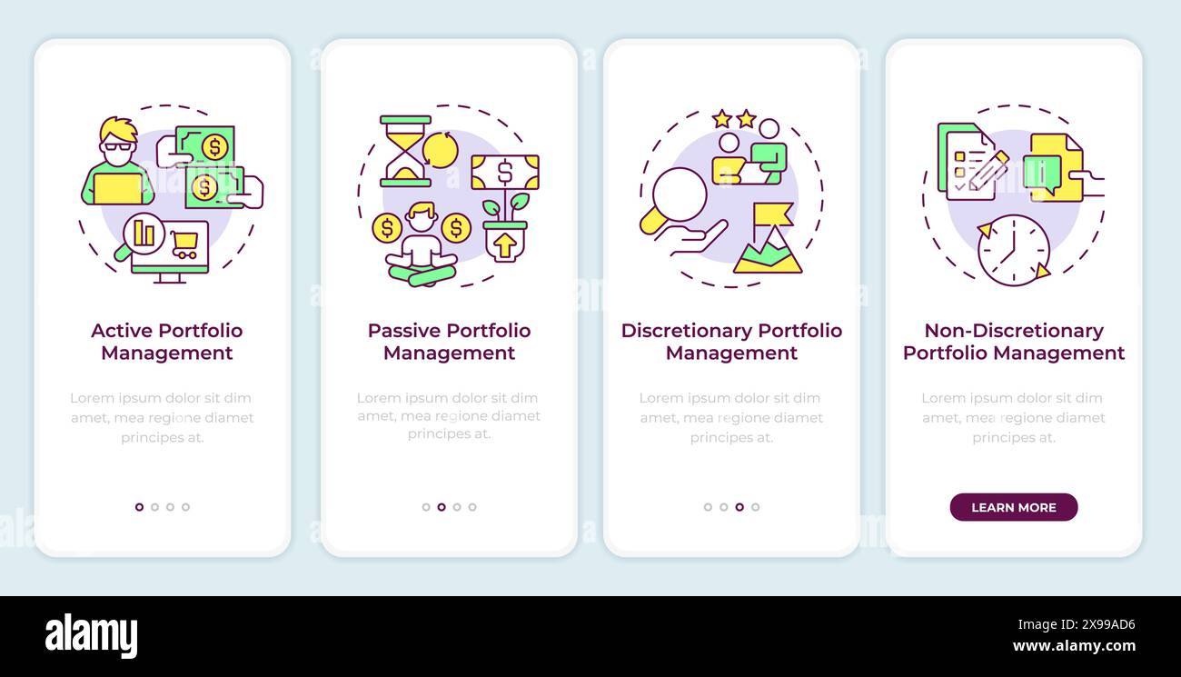 Types of portfolio management onboarding mobile app screen Stock Vector ...