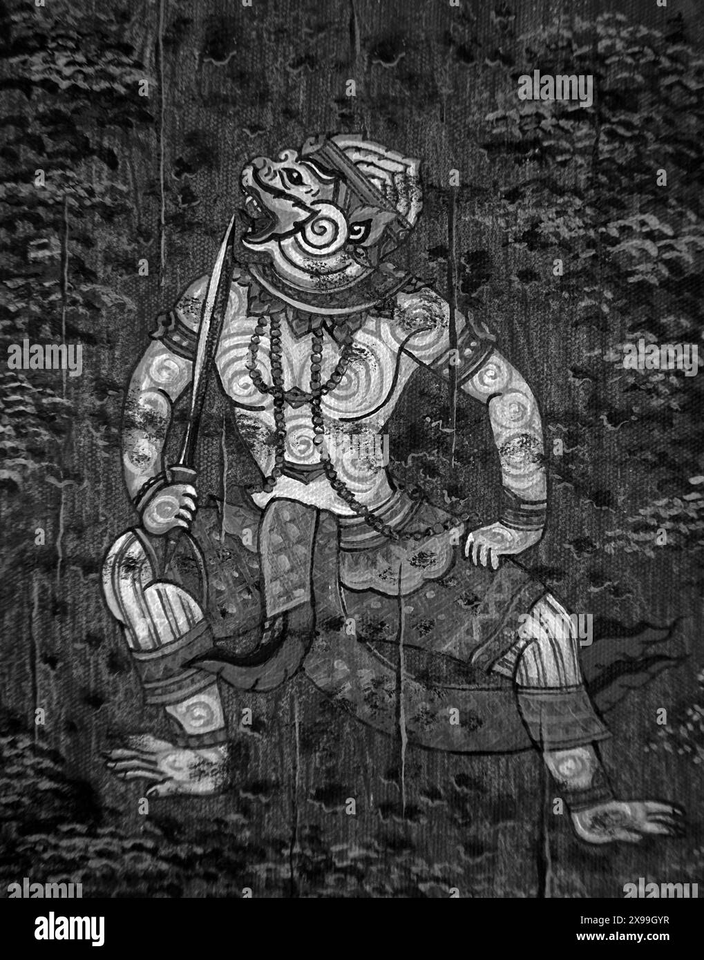 black and white  painting oil color literature ramayana Thailand Stock Photo