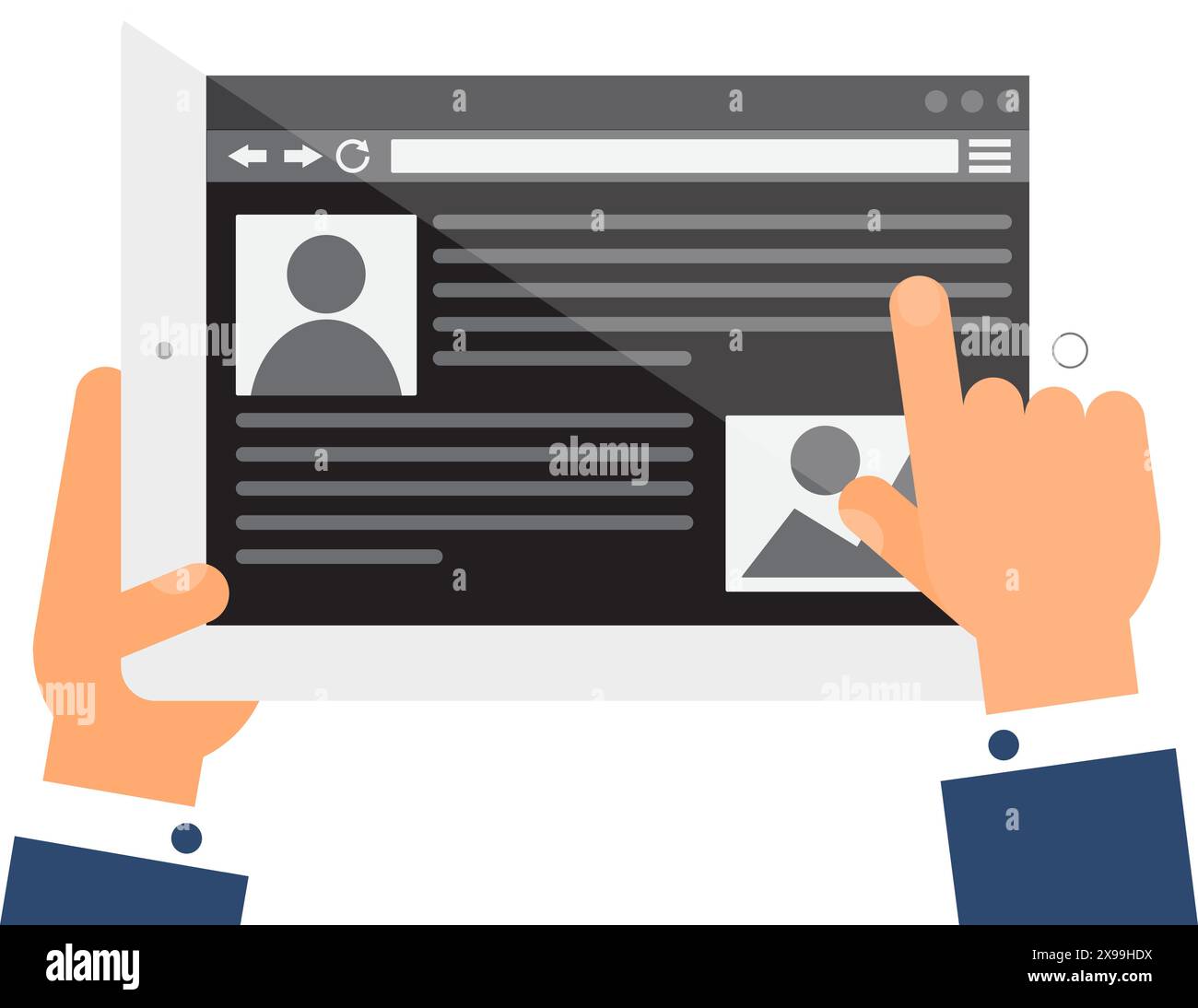 User hand enters data on website of questionnaire on portable laptop. Worksheet web page menu on screen of digital gadget. Simple flat vector isolated Stock Vector