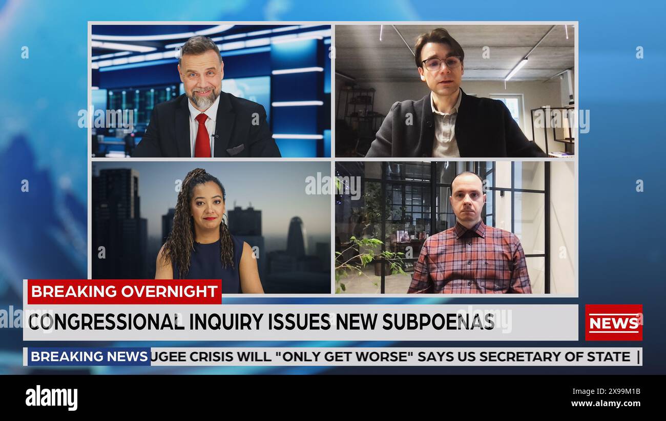 Split Screen Anchors Talking TV Live News Segment. Presenters Talk to