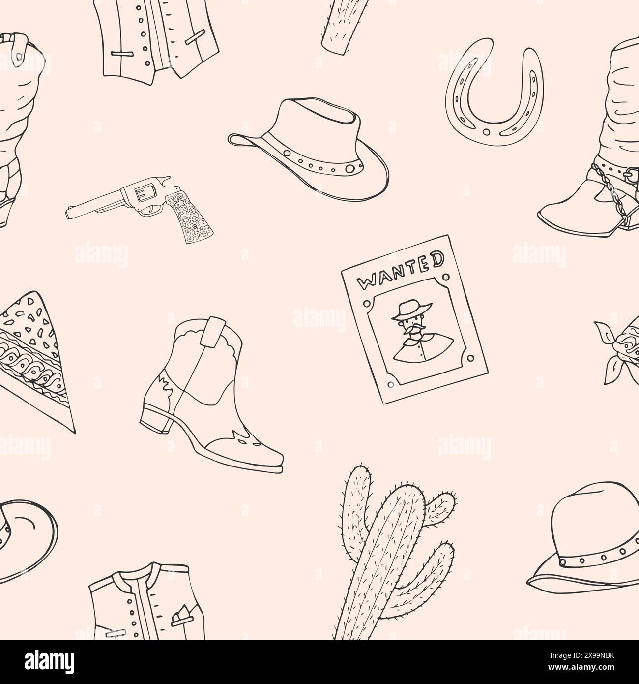 Cowboy seamless pattern with linear items. Doodle-style design on the theme of the Wild West. Ornament for textiles, fabrics, background, wallpaper. Stock Vector