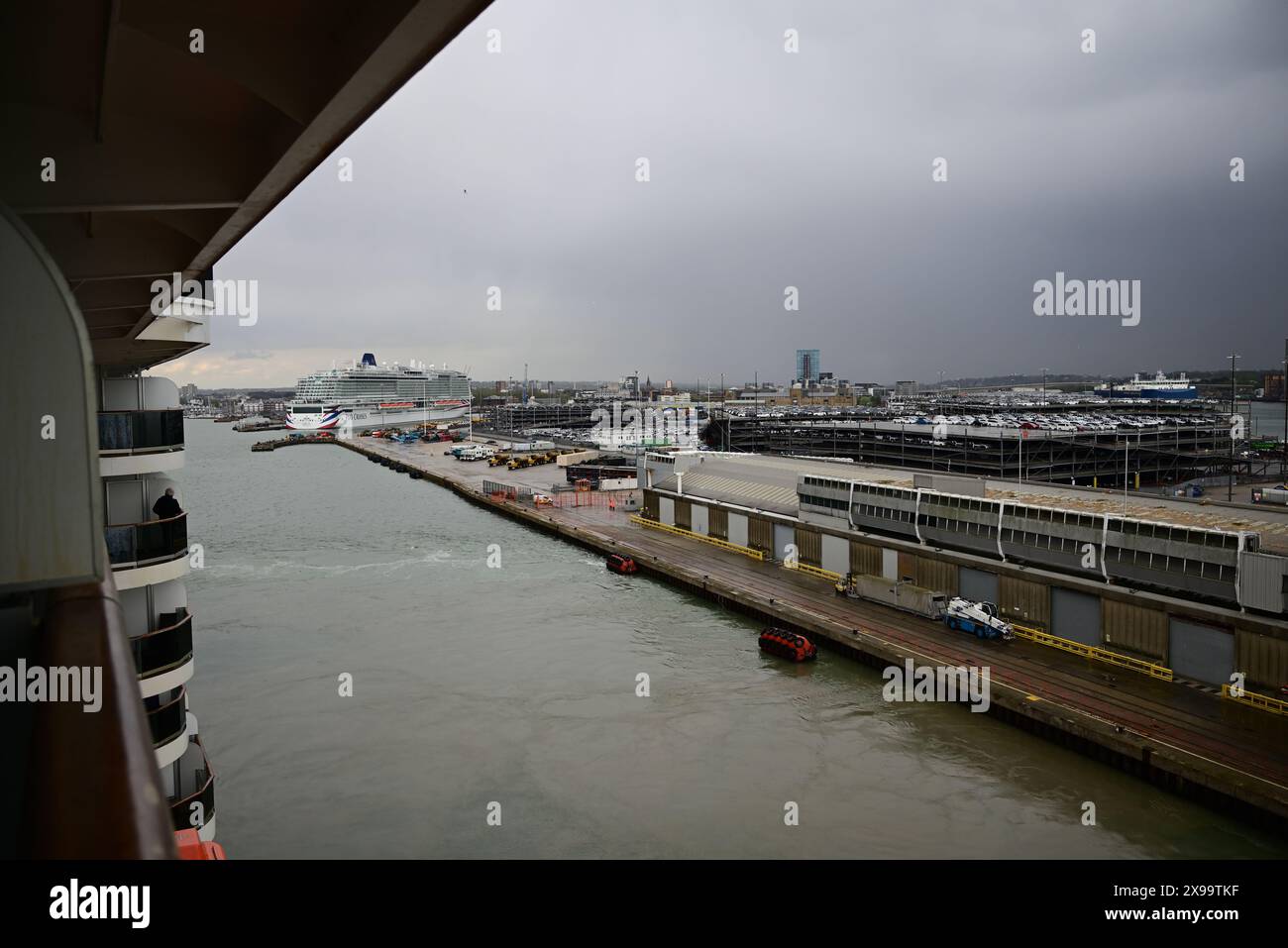P&O cruise ship Arvia moored alongside the Ocean terminal in Southampton, as seen from the Queen Elizabeth II terminal. Stock Photo
