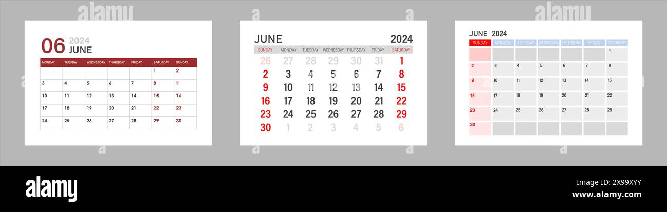 Tuesday In June Set of calendars for June 2024. The week starts on Monday Stock Vector ...