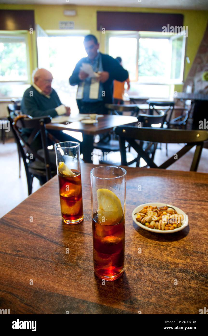 Vermouth for two in a typical Spanish bar. Porrua, Asturias, Spain. Stock Photo