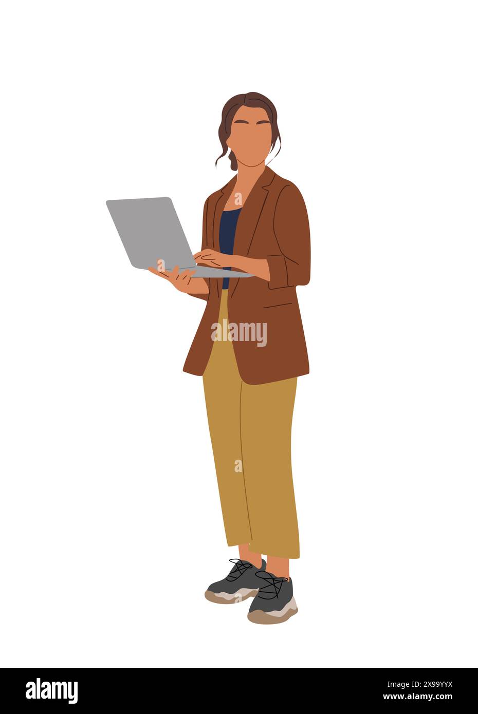 Business woman working at laptop. Pretty girl wearing smart casual office outfit standing with computer. Vector realistic illustration isolated on whi Stock Vector